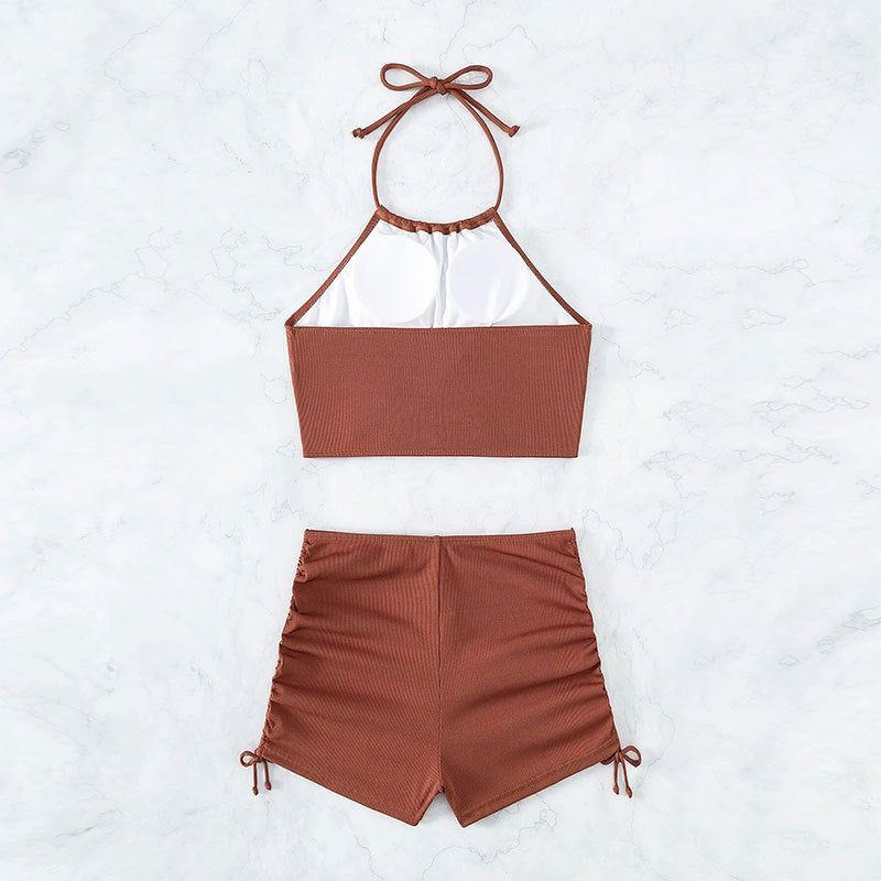 Summer Halter Neck Bikini Suit Fashion Drawstring Design Ins Style Swimsuit For Womens Clothing