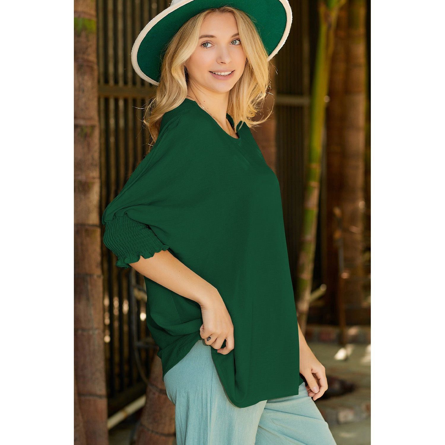 White Plain & Casual Shirred Cuffs Half Sleeve Top