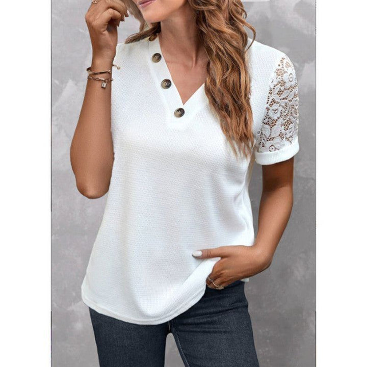New European And American Ladies Fashion Casual Lace Stitching Short Sleeve Top - Jointcorp