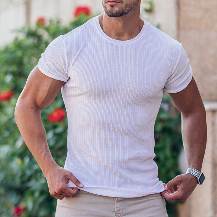 Men's Summer Sports Fitness Casual Stand Collar Elastic Vertical Bar Round Neck Short Sleeve T-shirt - Jointcorp