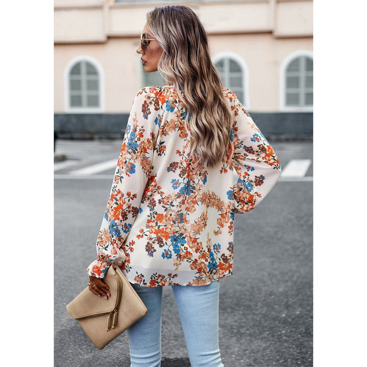 Women's Tops Casual Floral Print V Neck Long Sleeve Shirts Loose Chiffon Blouses Shirts Tops - Jointcorp