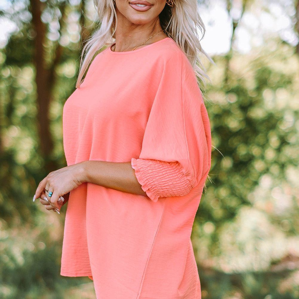 White Plain & Casual Shirred Cuffs Half Sleeve Top