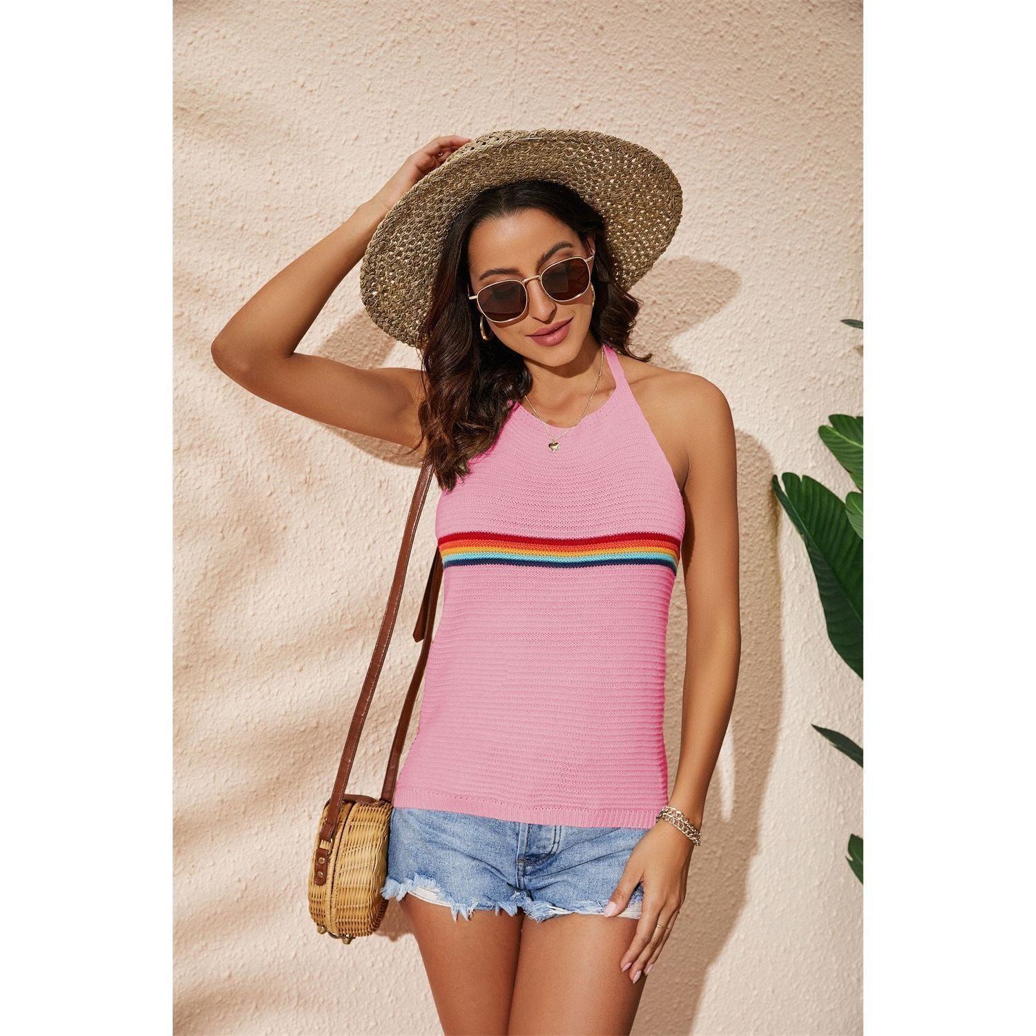 Women's Clothing Rainbow Color-blocking Halter Top Fashion Backless Knitted Lace-up Vest