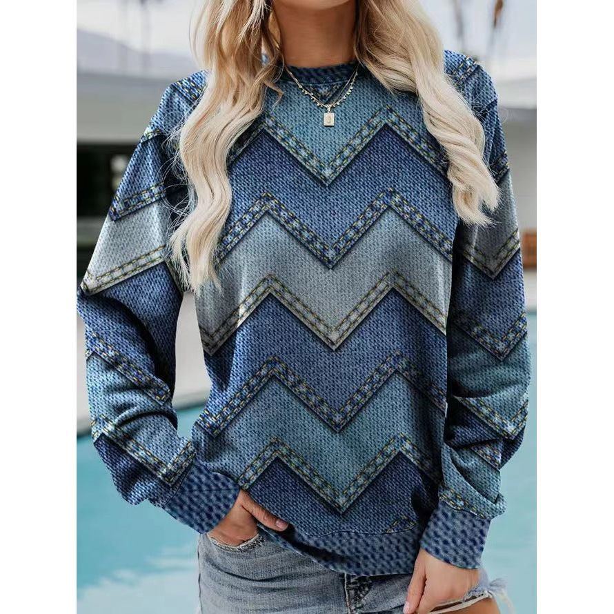Color Block Denim Printing Casual Long-sleeved Geometric Sweater For Women