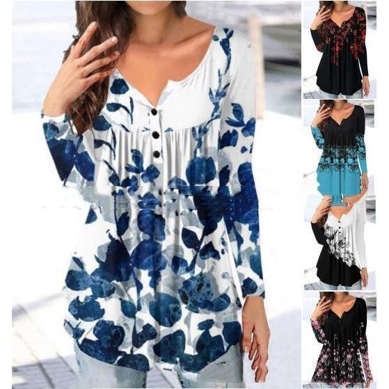 Loose Floral Print Half Open Button Top - Jointcorp