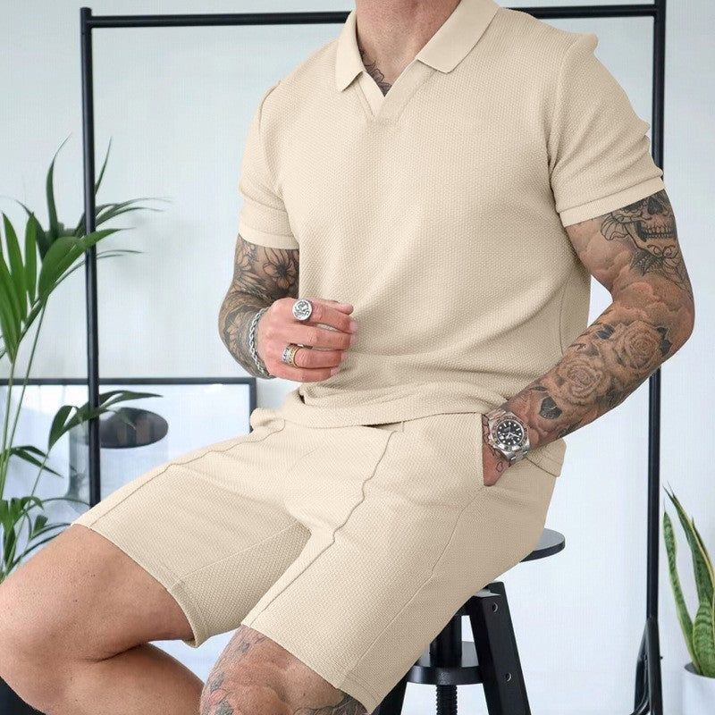 Men's Fashion Waffle V-neck Short-sleeved Shorts Two-piece Set - Jointcorp