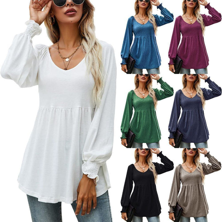 Women's New V-neck Puff Long-sleeved Tunic T-shirt - Jointcorp