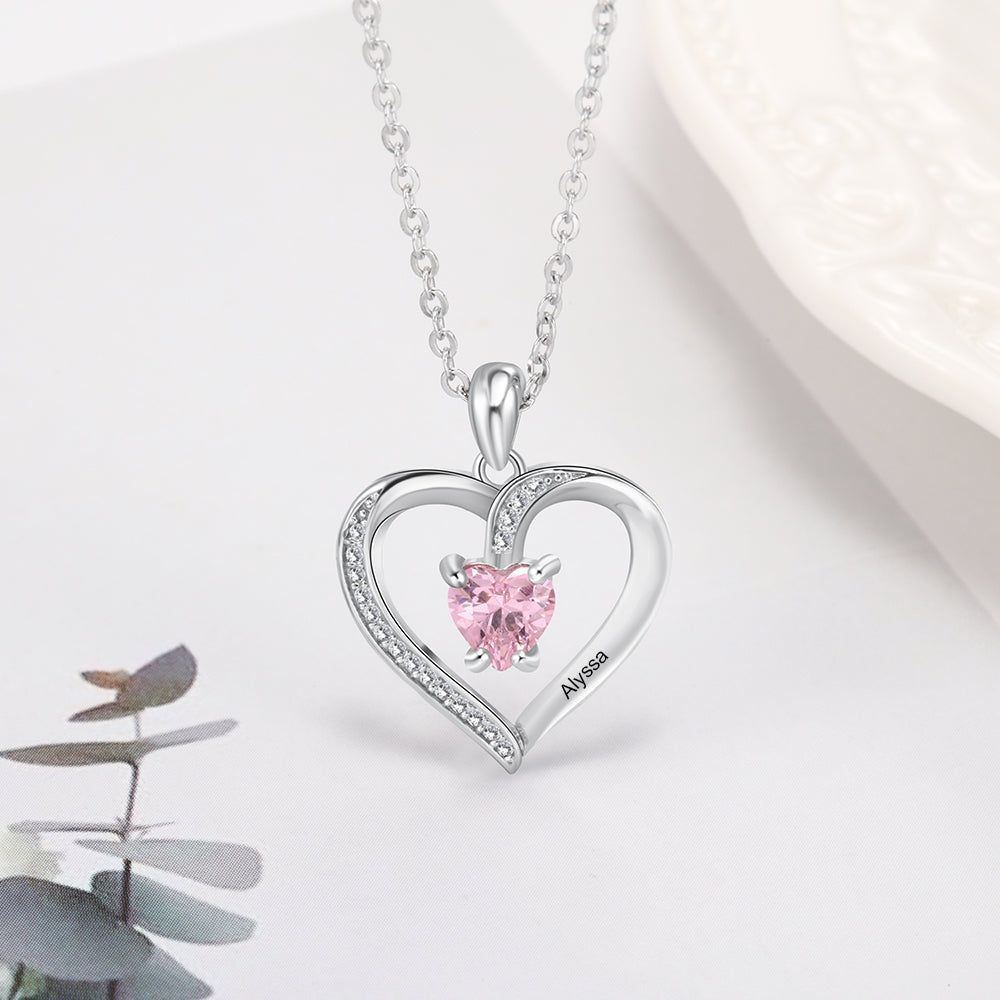 Personalized And Customizable Lettering Name Sterling Silver Heart-shaped Stone Necklace - Jointcorp