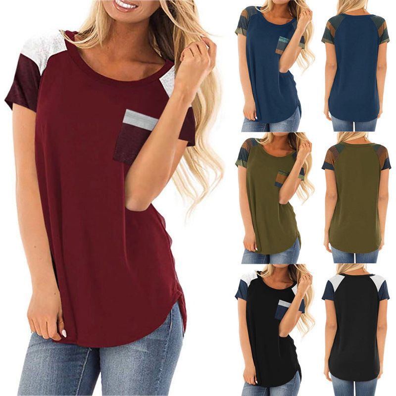 Spring Summer Stripes Pocket Stitching Loose Short-sleeved Top For Women - Jointcorp