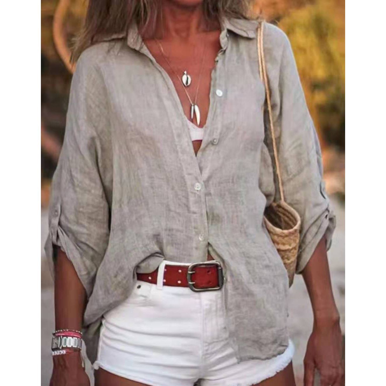 Cotton And Linen Solid Color Loose Type Sleeve Shirt - Jointcorp
