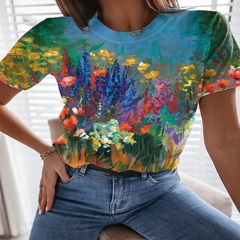 Round Neck Printed Fitness Short Sleeve Casual Loose-fitting T-shirt Retro Style