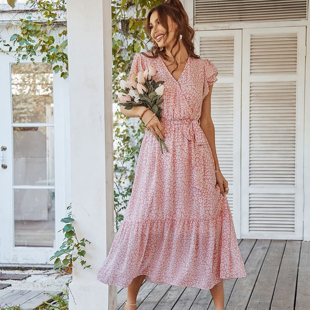 Summer Dresses Ruffle Cap Sleeve V Neck Belt Wrap Split Boho Floral Long Casual Party Beach Dress - Jointcorp