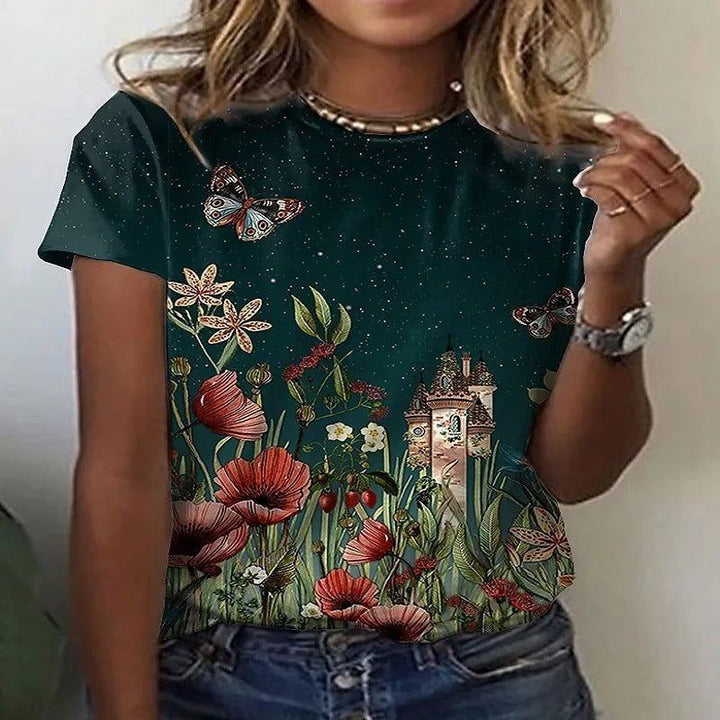 Round Neck Printed Fitness Short Sleeve Casual Loose-fitting T-shirt Retro Style