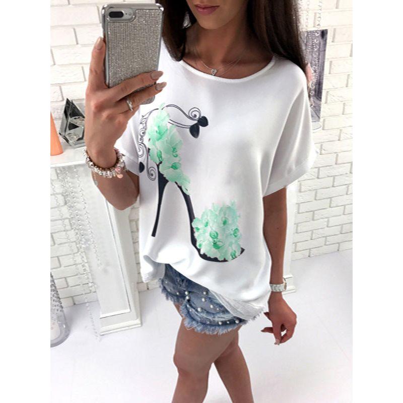 European And American Ladies High Heels Printed Loose Short Sleeve T-shirt - Jointcorp