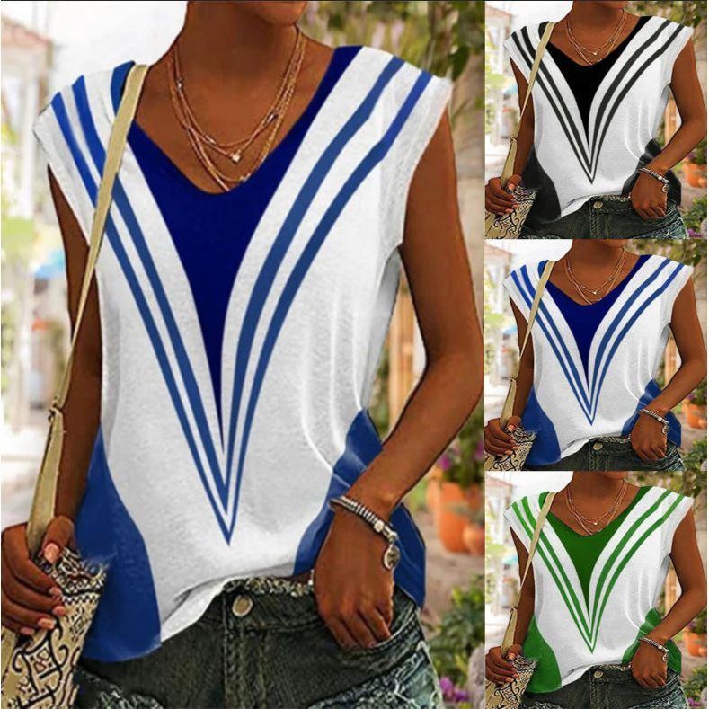 V-neck Casual Loose Striped Printed Short Sleeve T-shirt