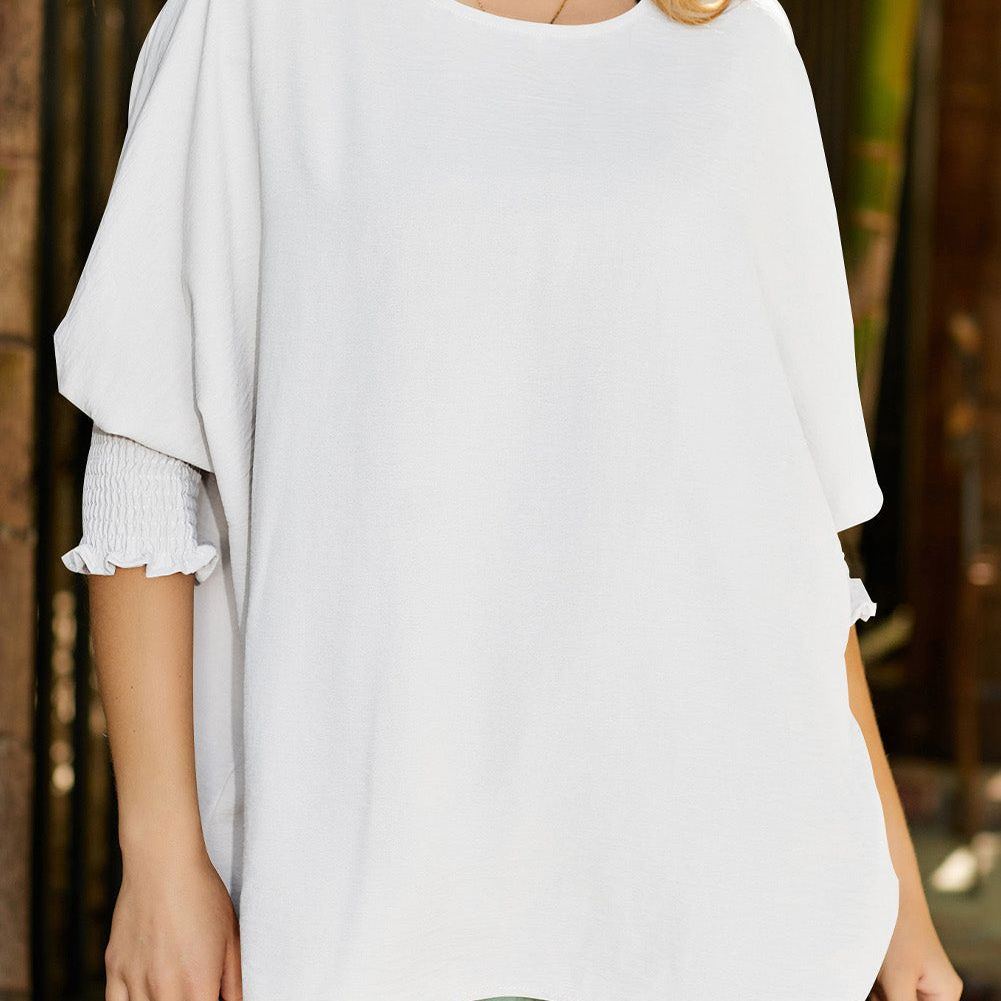 White Plain & Casual Shirred Cuffs Half Sleeve Top