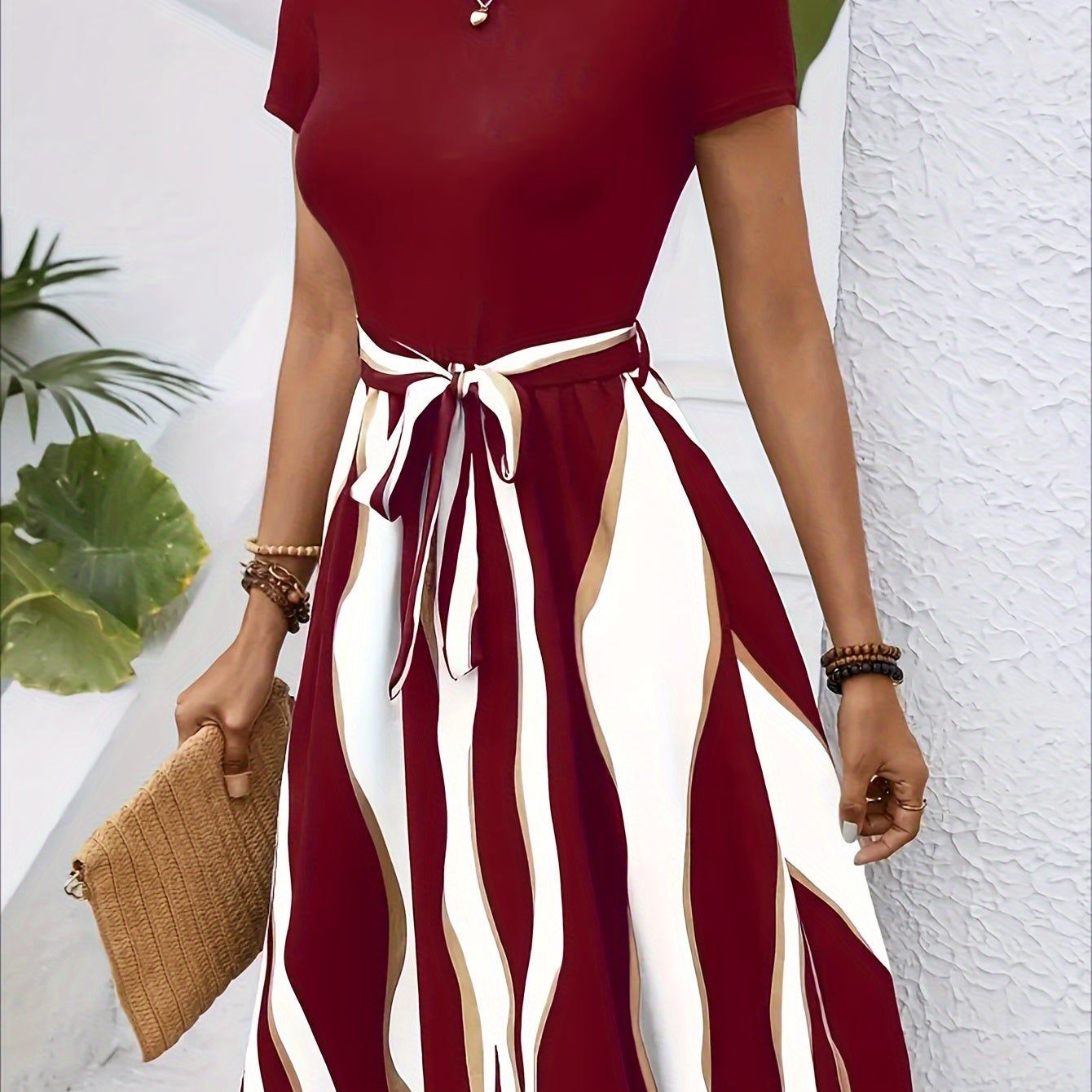 Striped Crew Neck Dress, Elegant Short Sleeve Belted A-line Dress For Spring & Summer, Women's Clothing