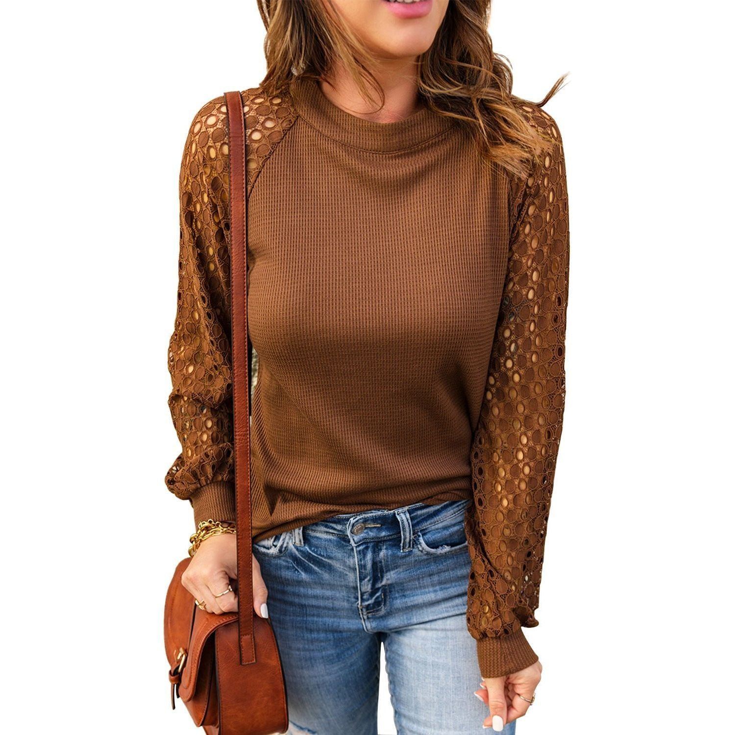 New Women's Round Neck Lace Stitching Long-sleeved Top T-shirt - Jointcorp