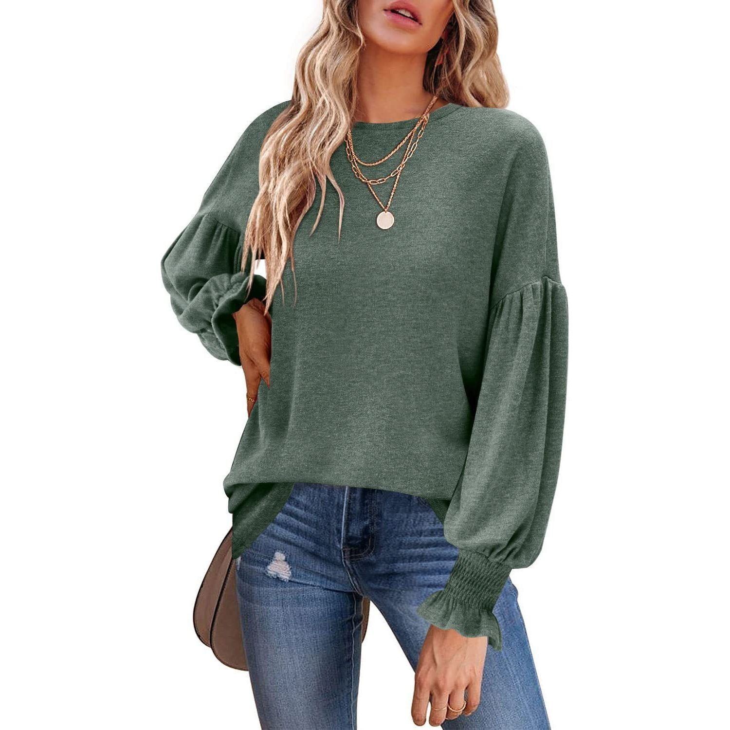 Round Neck Pleated Lantern Sleeve T-shirt, Women's Long, Autumn & Winter.