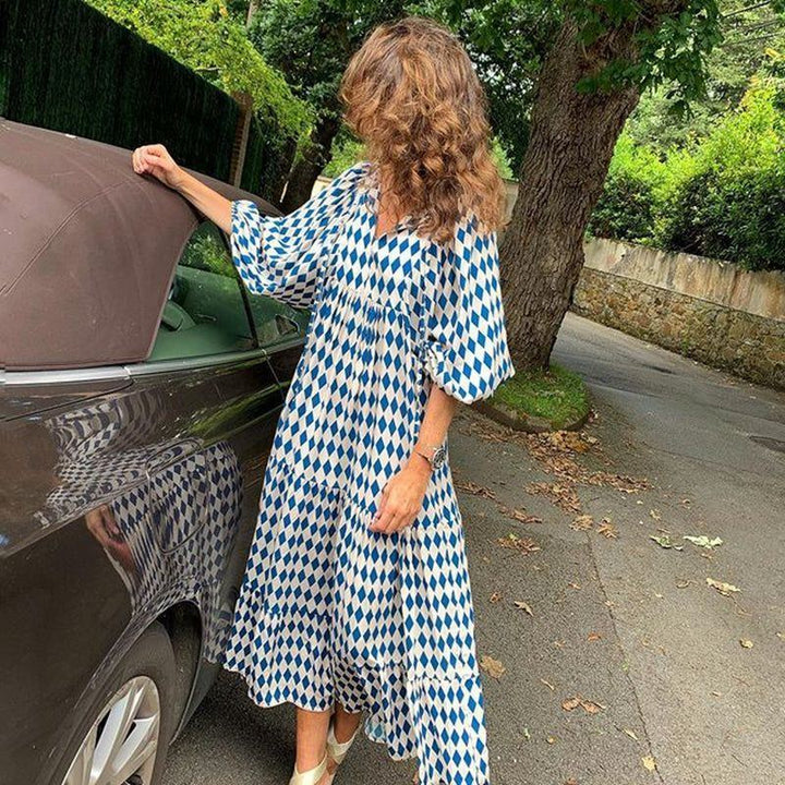 Summer Women's Vintage Printed Bohemian Dress Elegant Ladies Casual Loose V-Neck Short Sleeve Long Dresses - Jointcorp