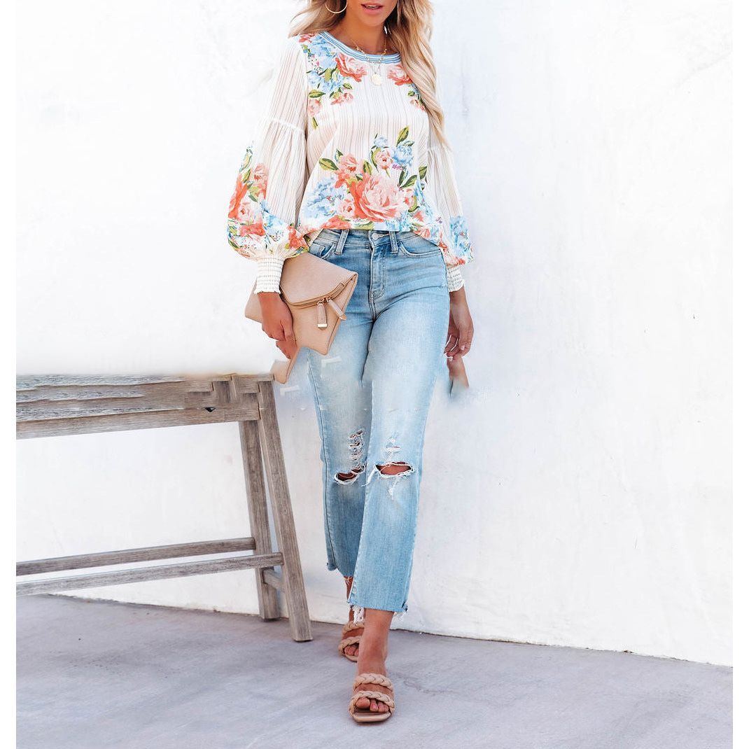 Spring Street Hipster Lantern Sleeve Positioning Flower Women's Round Neck Loose T-shirt