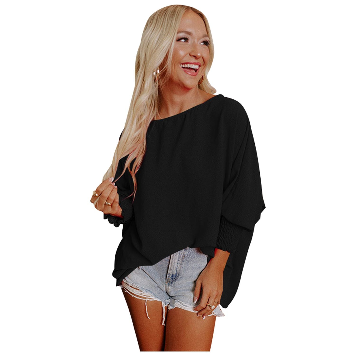 White Plain & Casual Shirred Cuffs Half Sleeve Top