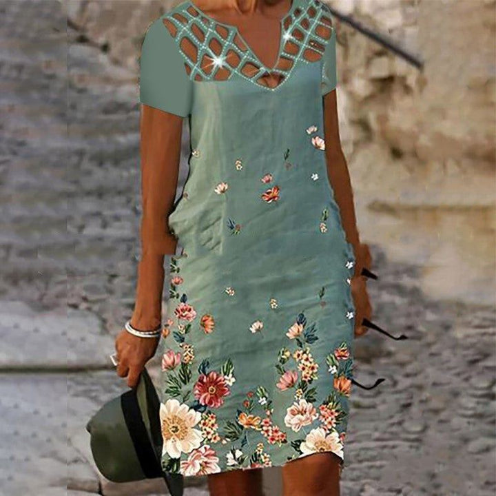 Fashion V-neck Printed Hollow Hot Bead Linen Dress - Jointcorp