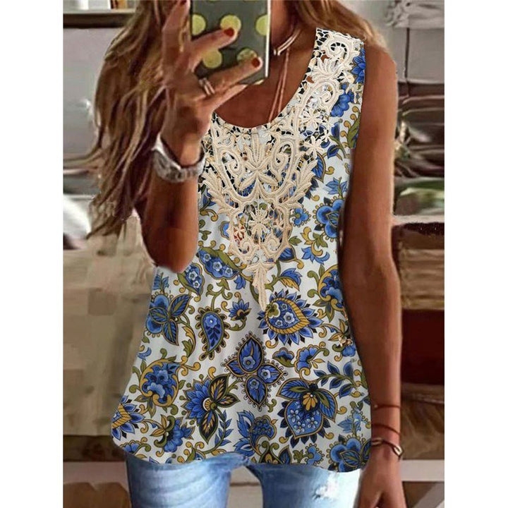 New Vintage Print Sleeveless Lace U-neck Vest Women's Top - Jointcorp