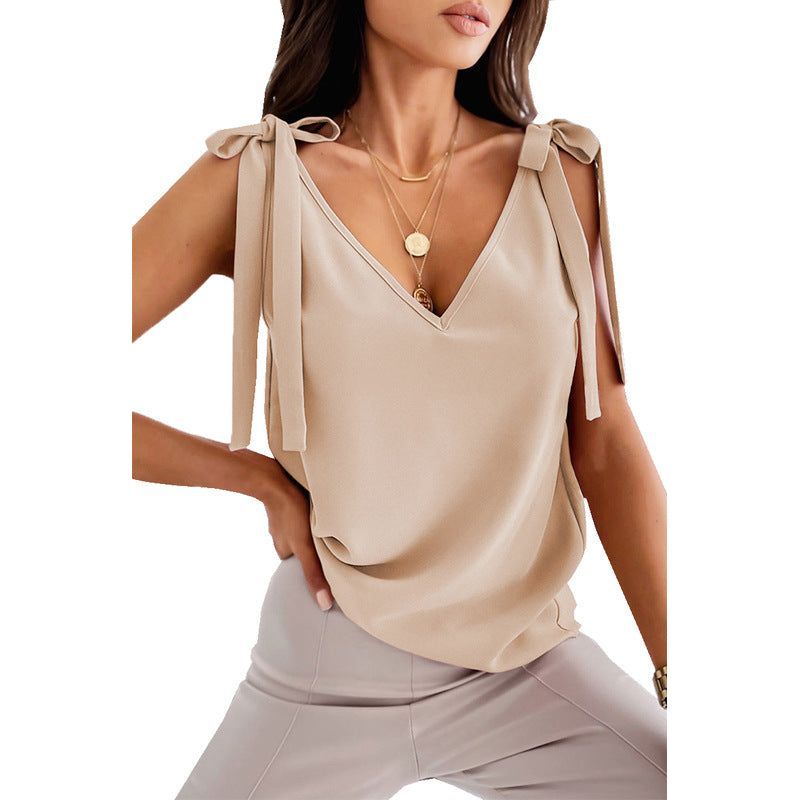Shoulder Lace-up Bow Suspenders Vest Women's Sweet V-neck Top - Jointcorp