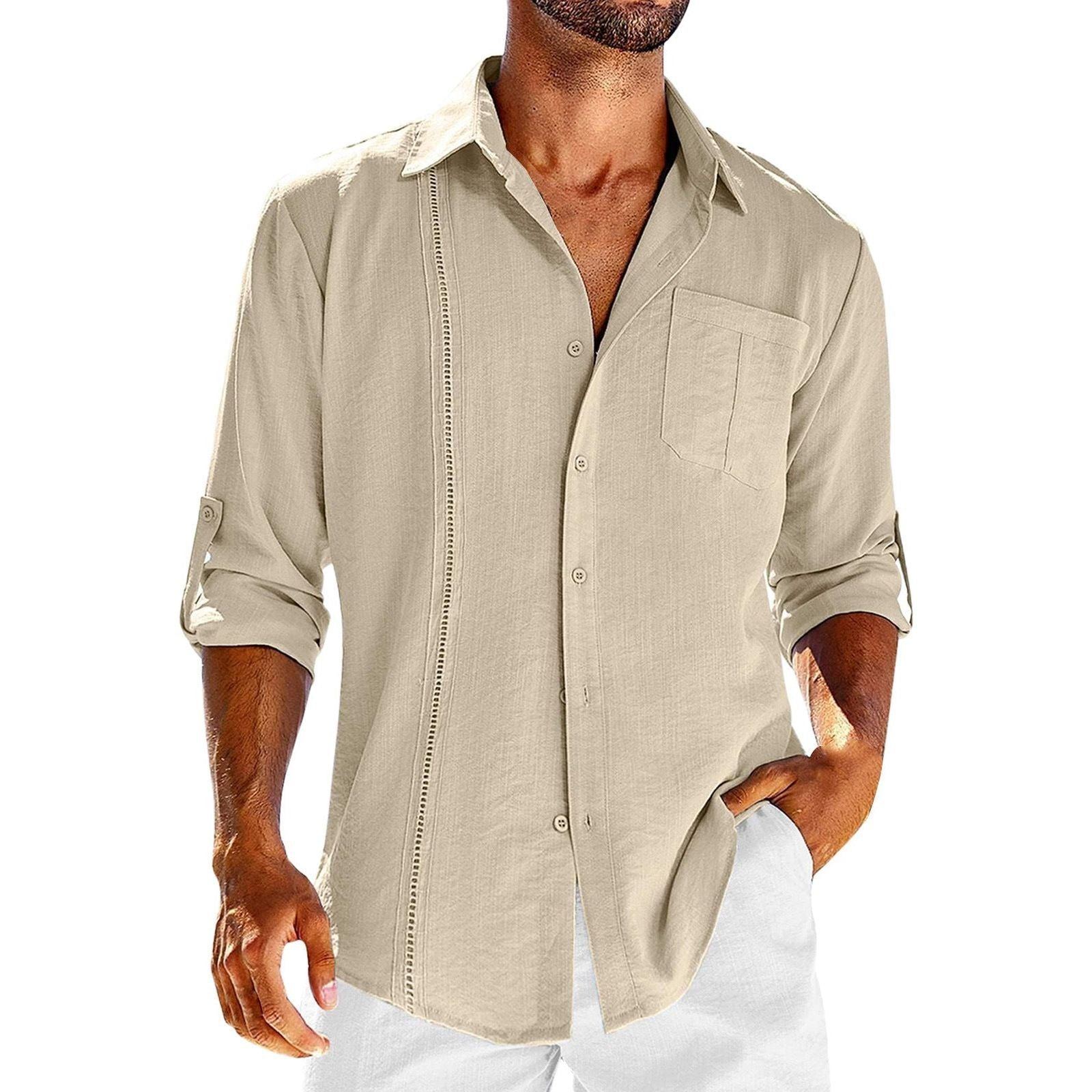 Casual Lace Polo Collar Solid Color Long Sleeve Button Men's Shirt - Jointcorp