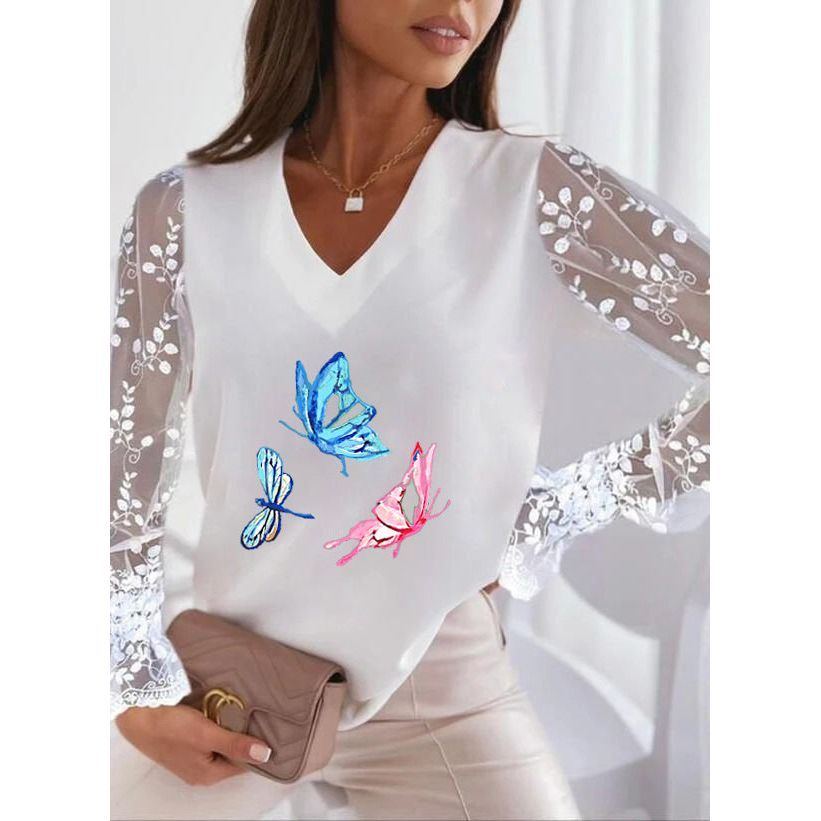 Dragonfly Printed V-neck Lace Sleeve Sun Protection Women's T-shirt Bottoming Shirt - Jointcorp