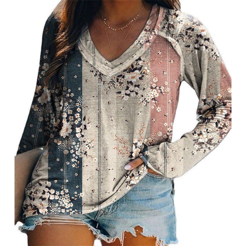 Women's V Neck Printed Fashion T Shirt