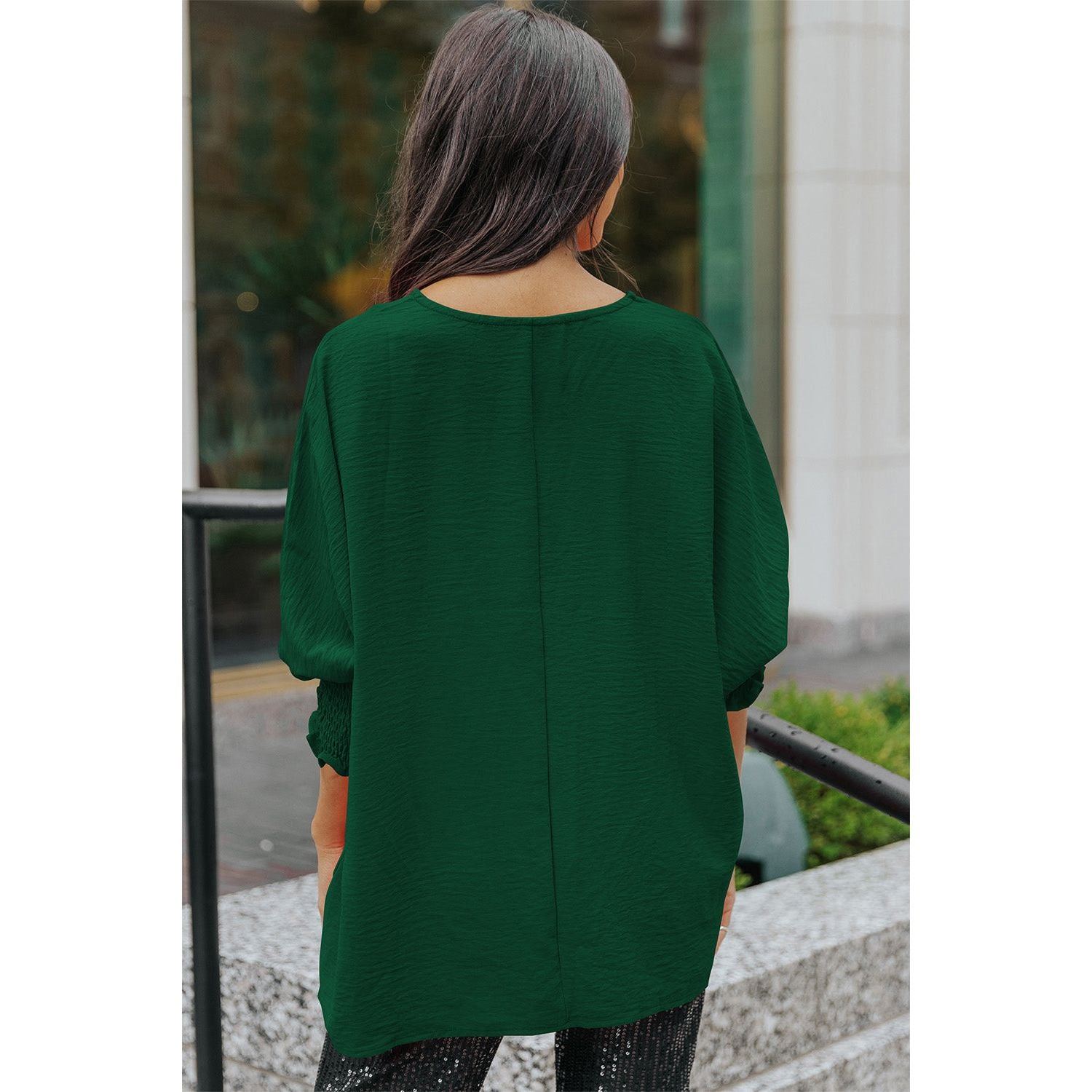 White Plain & Casual Shirred Cuffs Half Sleeve Top