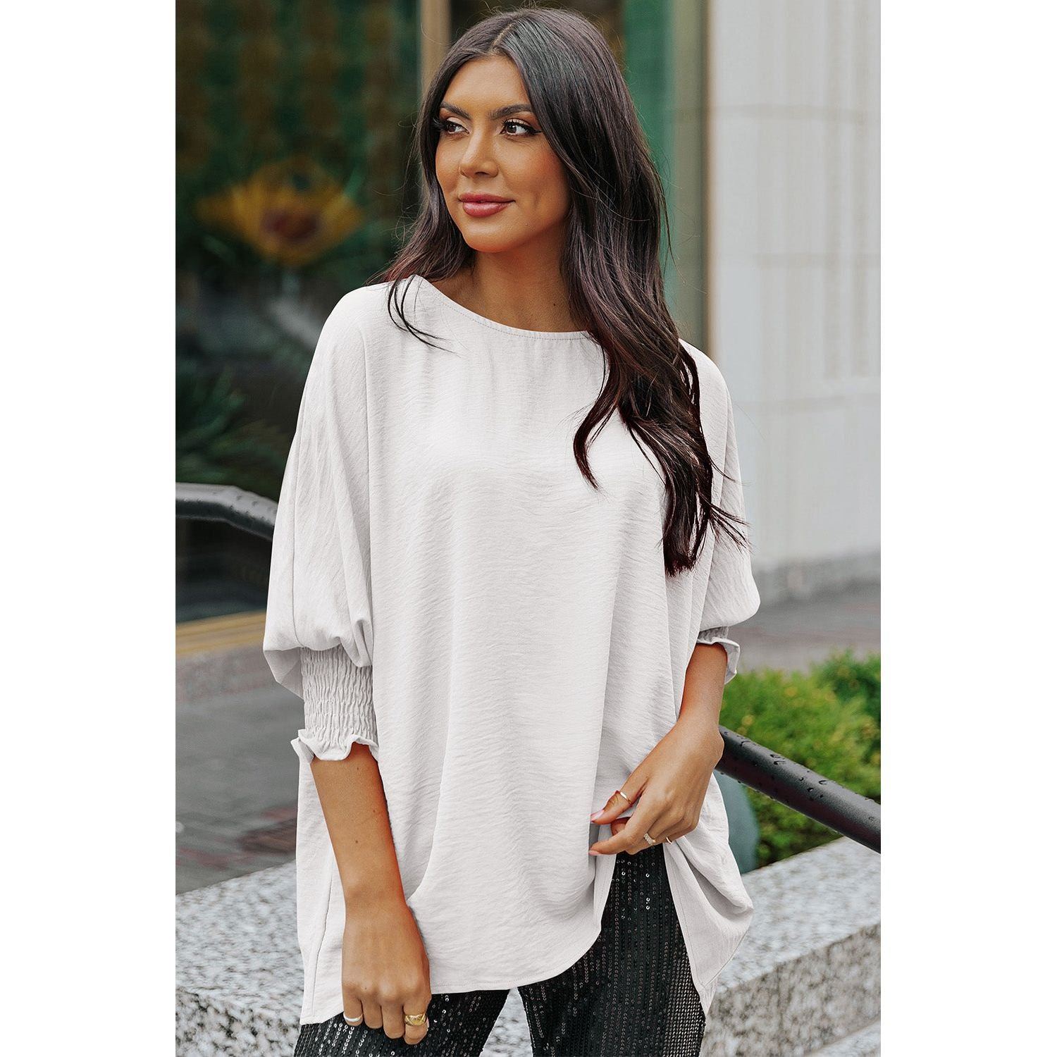 White Plain & Casual Shirred Cuffs Half Sleeve Top