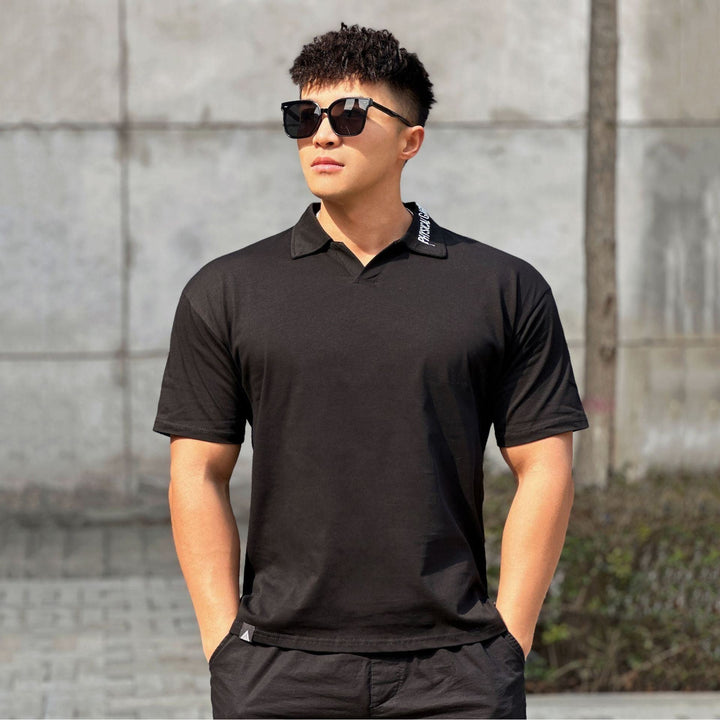 Fitness Running Loose Cotton Lapel Embroidered Thick T-shirt - Jointcorp