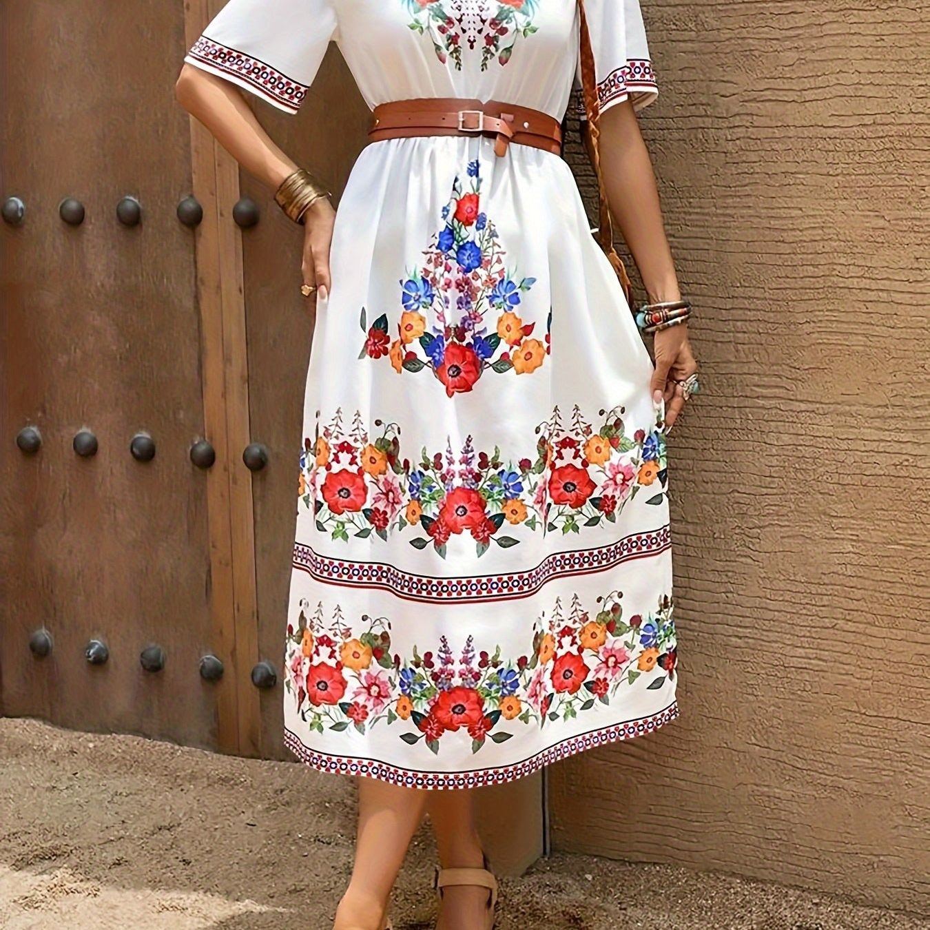 Floral Print Contrast Trim V-neck Dress, Ethnic Half Sleeve Aline Dress For Spring & Summer, Women's Clothing