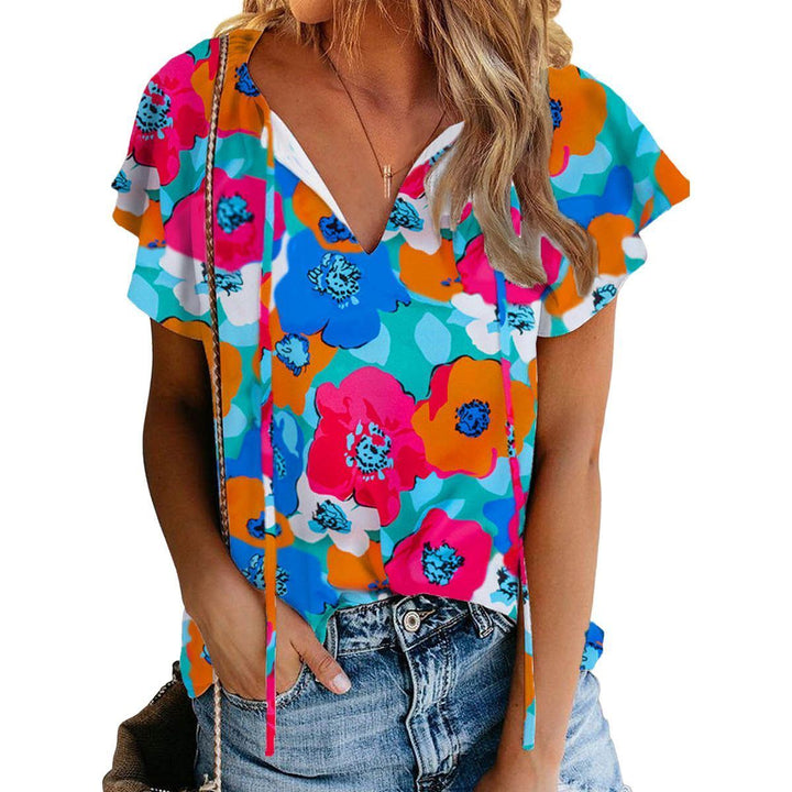 Floral Print Drawstring V-neck Short Sleeve - Jointcorp