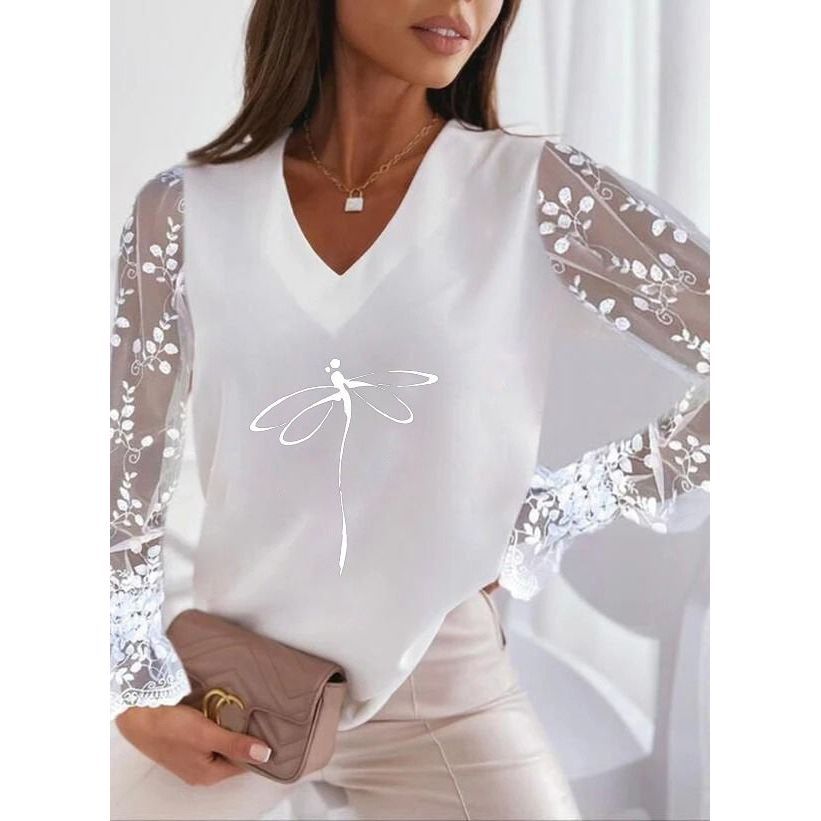 Dragonfly Printed V-neck Lace Sleeve Sun Protection Women's T-shirt Bottoming Shirt - Jointcorp