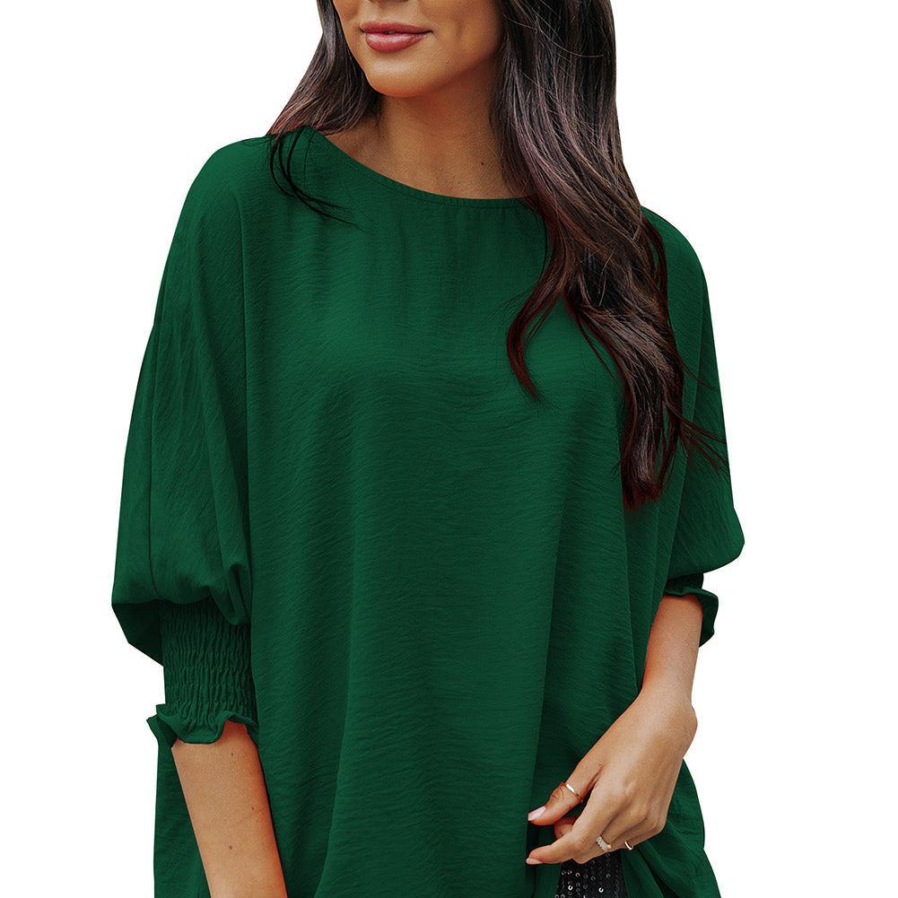 White Plain & Casual Shirred Cuffs Half Sleeve Top