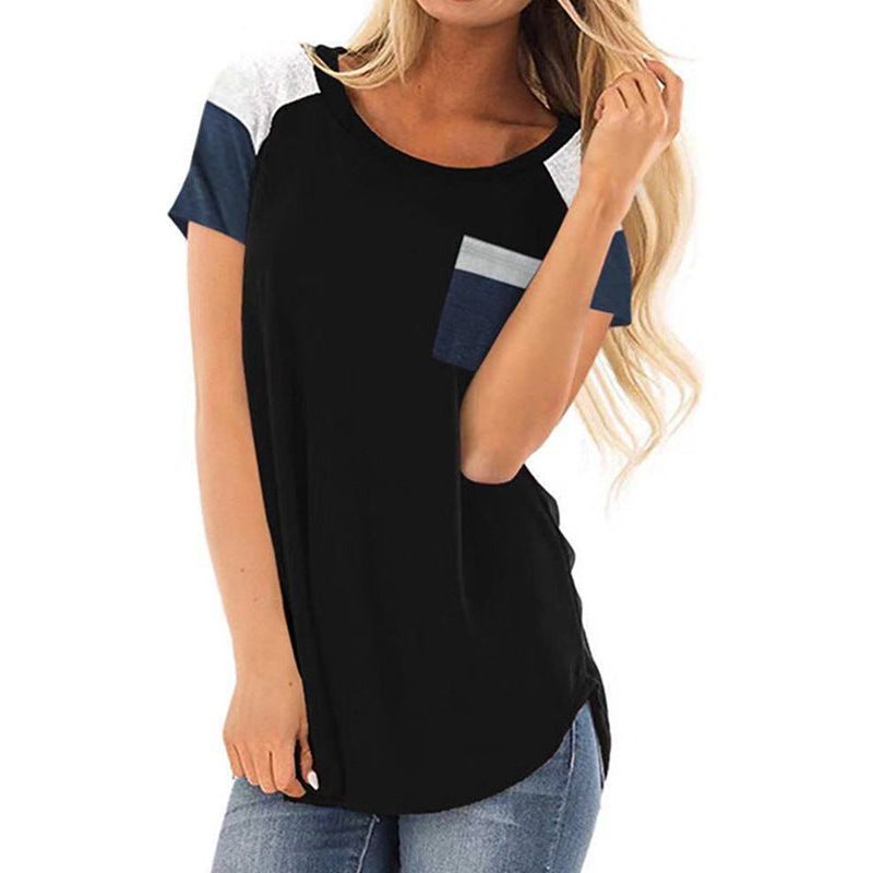 Spring Summer Stripes Pocket Stitching Loose Short-sleeved Top For Women