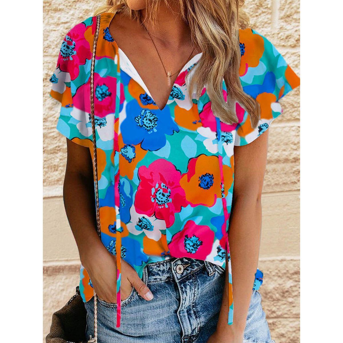 Floral Print Drawstring V-neck Short Sleeve - Jointcorp