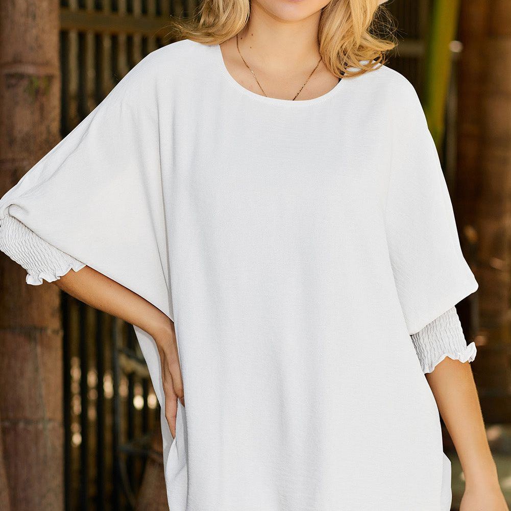 White Plain & Casual Shirred Cuffs Half Sleeve Top