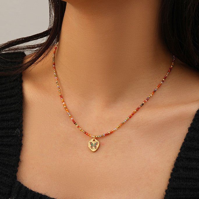 Women's Fashionable All-match Colorful Zircon Beaded Dripping Butterfly Necklace - Jointcorp