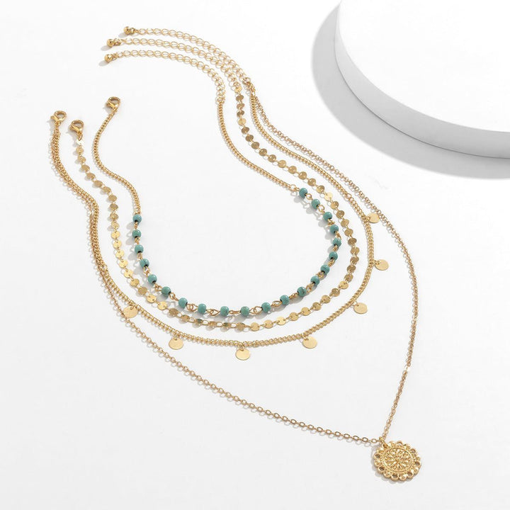 Simple Slim Chain Turquoise Beaded Flower Disk Pendant Necklace For Women - Jointcorp
