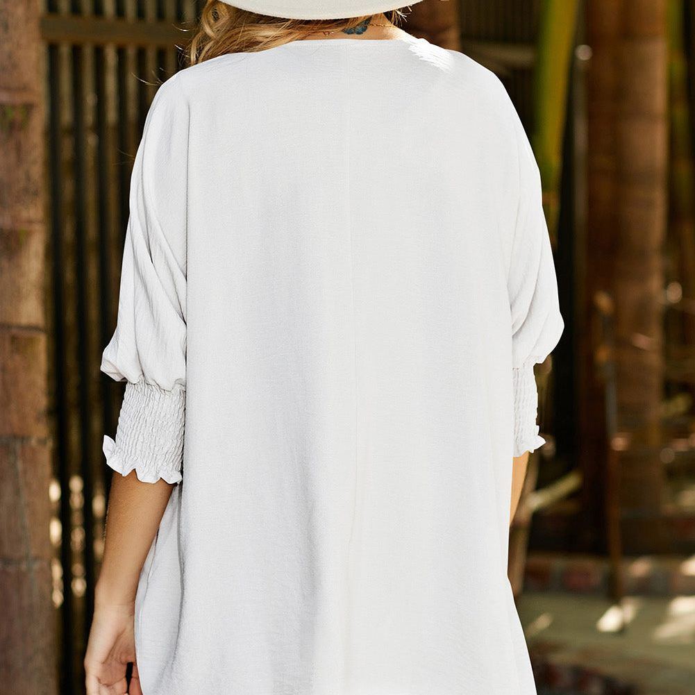 White Plain & Casual Shirred Cuffs Half Sleeve Top