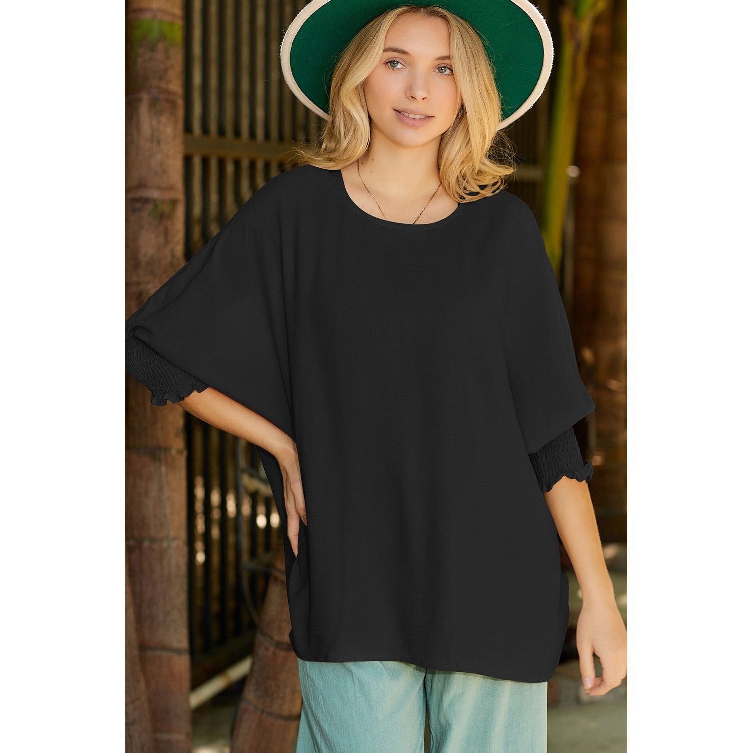 White Plain & Casual Shirred Cuffs Half Sleeve Top