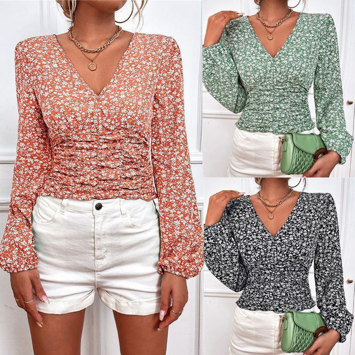 Long Sleeve V Neck Floral Top T Shirt Women