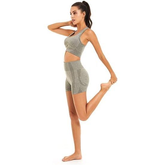 Workout Outfits for Women 2 Piece Seamless Ribbed High Waist Leggings with Sports Bra Exercise Set