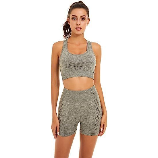 Workout Outfits for Women 2 Piece Seamless Ribbed High Waist Leggings with Sports Bra Exercise Set
