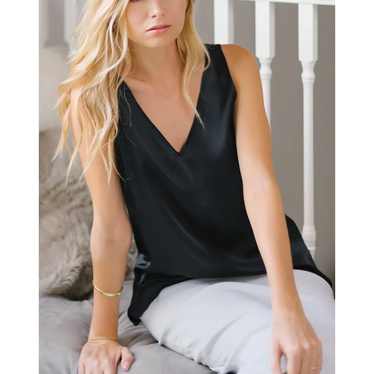 Elapse Space Womens Silk Satin Tank Tops V Neck Casual Camisole Blouses Sleeveless Tank Top Summer Basic Tank Shirt
